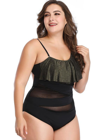 Tulle Hollow Plain Falbala Plus Size Swimwear
