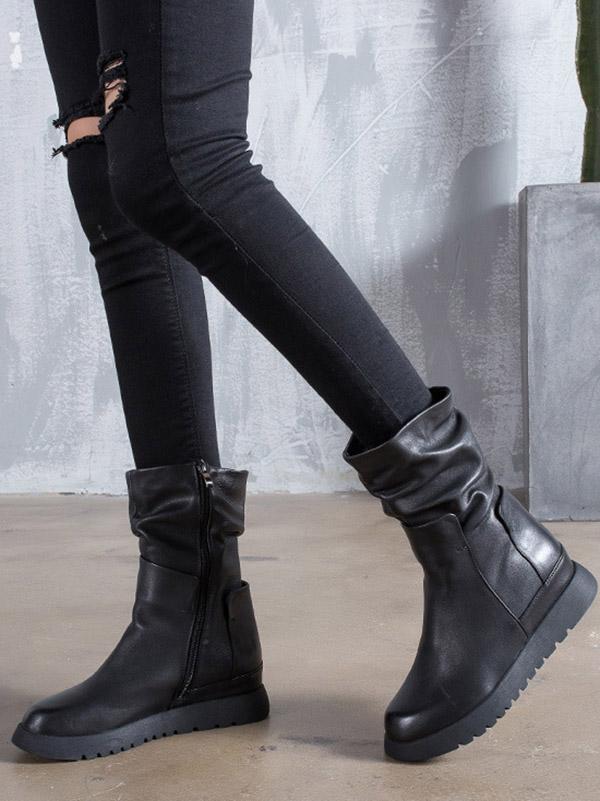 Black Fold Zipper Cow Leather Short Boots