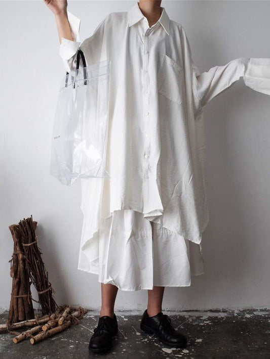 Urban Loose White Lapel Long Blouse