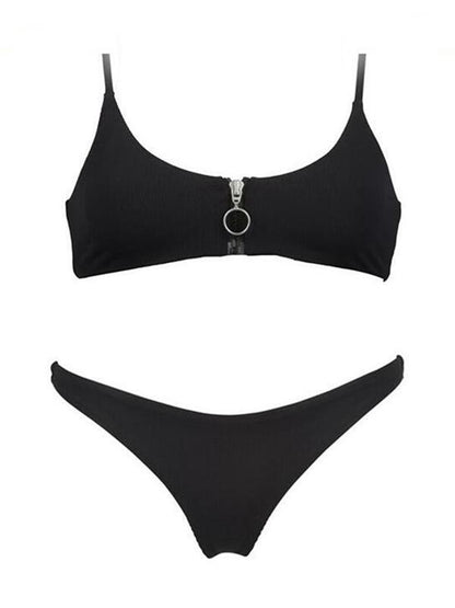 Zipper Top Plain Bikinis Swimwear