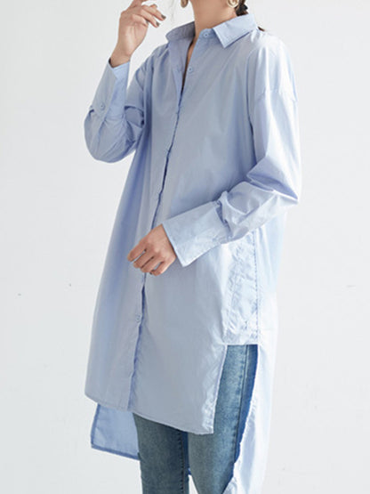 Simple Solid Color Buttoned Split-Side Lapel Collar Long Sleeves Blouse