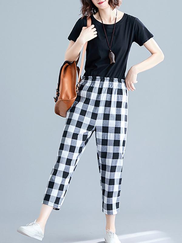 Loose Straight Leg Plaid Harem Pants