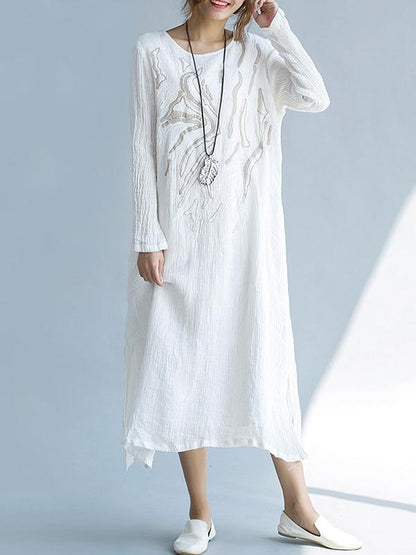 White Ramie Cotton Embroidered Long Dress