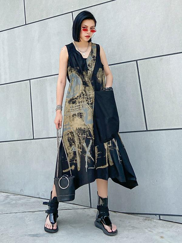 Original Prited V-Neck Sleeveless Dress