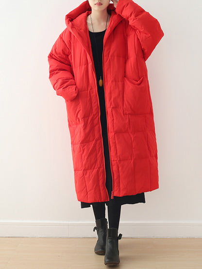 Simple White Duck Down Over Knee Solid Color Zipper Hooded Down Wear Coat