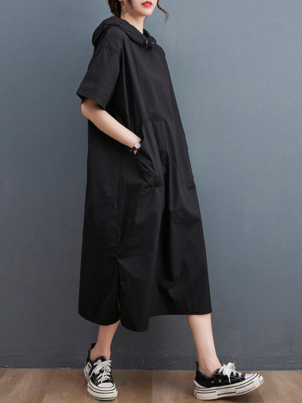Urban Black&White Split-Side Short Sleeves Hooded Midi Dress
