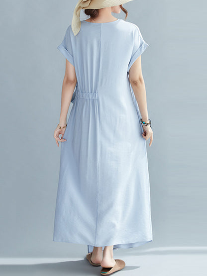 Casual Loose Solid Color Tied V-Neck Short Raglan Sleeves Maxi Dress