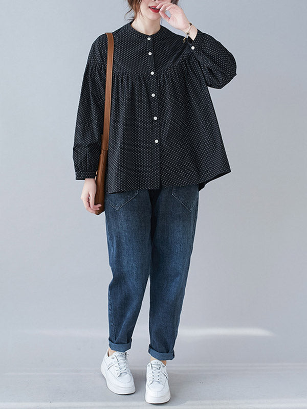 Casual Polka-Dot Buttoned Pleated Lapel Collar Long Sleeves Blouse