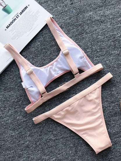 Solid Color Bandage Split Bikini Swimsuit