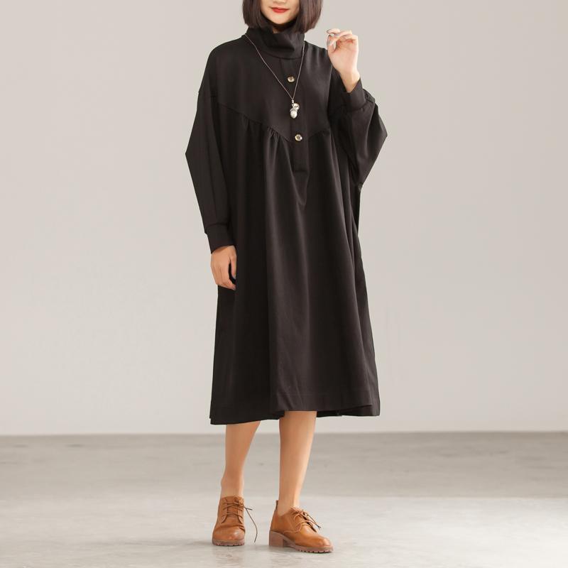 Cotton Solid Black Loose A-Line Long Sleeve Dress