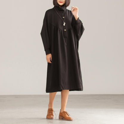 Cotton Solid Black Loose A-Line Long Sleeve Dress