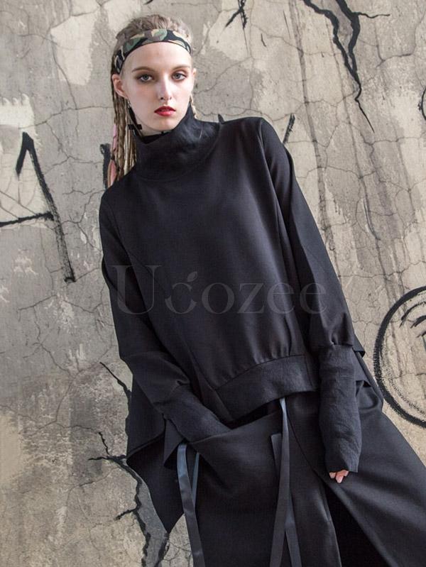 Black Batwing Sleeves High-neck Split-joint Sweatshirt