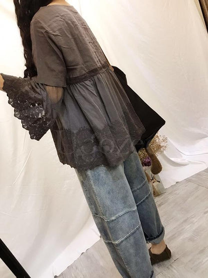 Retro Lace Embroidered Gauze Sleeves Shirt