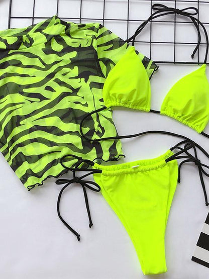 Three-Piece Printed Half-Sleeve Split Bikini Swimsuit