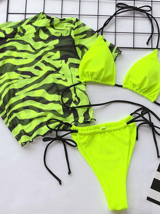 Three-Piece Printed Half-Sleeve Split Bikini Swimsuit