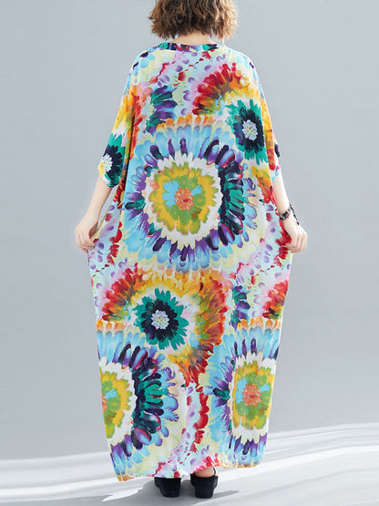 Vintage Loose Tie-Dyed Batwing Sleeves V-Neck Maxi Dress