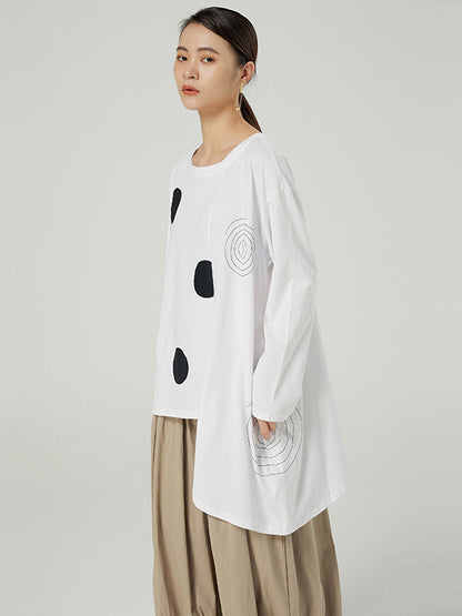 Stylish Asymmetric Polka-Dot Round-Neck Long Sleeves T-Shirt Tops