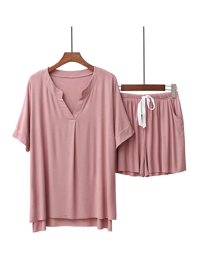 Casual Loose Solid Color Split-Joint Pleated V-Neck T-Shirt&Drawstring Shorts Pajama Set