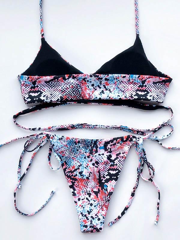 Snake-Print Bandage Split Bikini Swimsuit
