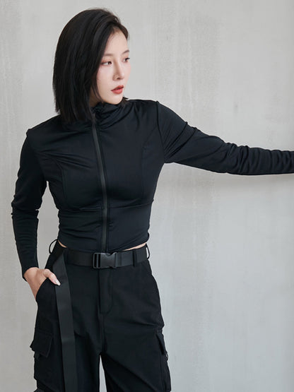 Sports Solid Color Zipper Stand Collar Long Sleeves Outwear