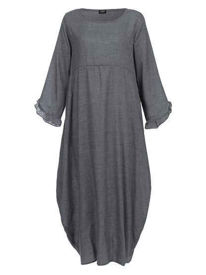 Casual Loose Solid Color Falbala Round-Neck Long Sleeves Maxi Dress