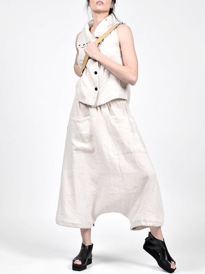 Vintage Ramie Cotton Split-Side Sleeveless Stand Collar Vest Top