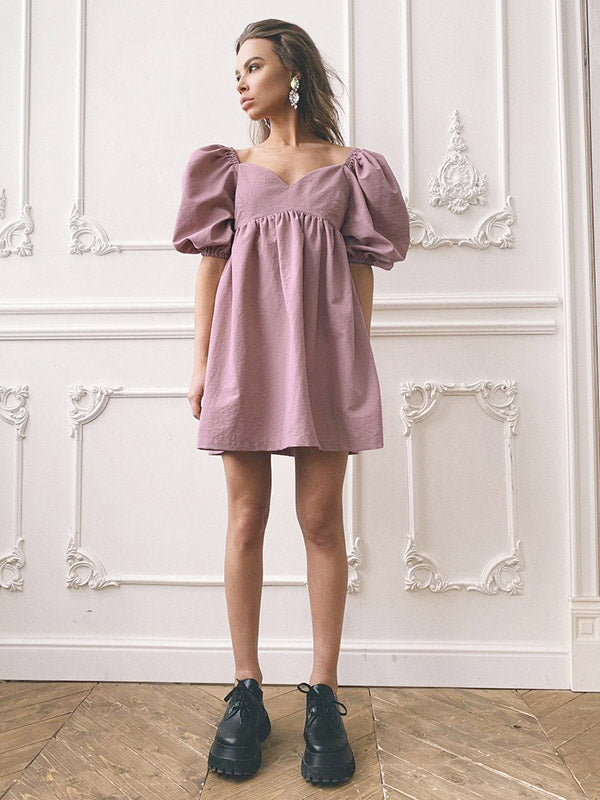 Stylish Split-Joint Pleated Puff Sleeves A-Line Mini Dress