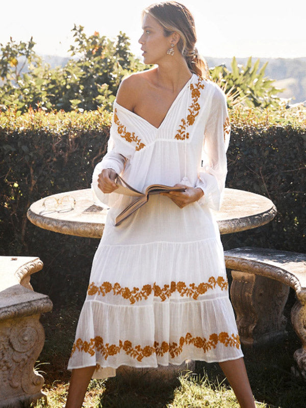 Vintage Loose Embroidered Split-Joint Long Sleeves V-Neck Midi Dress
