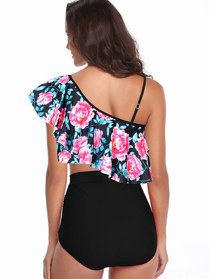 Sexy Single Shoulder Falbala Printed Tankini