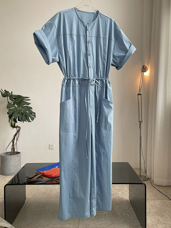 Urban Drawstring Elastic High Waisted Short Sleeves Wide Leg Jumpsuits
