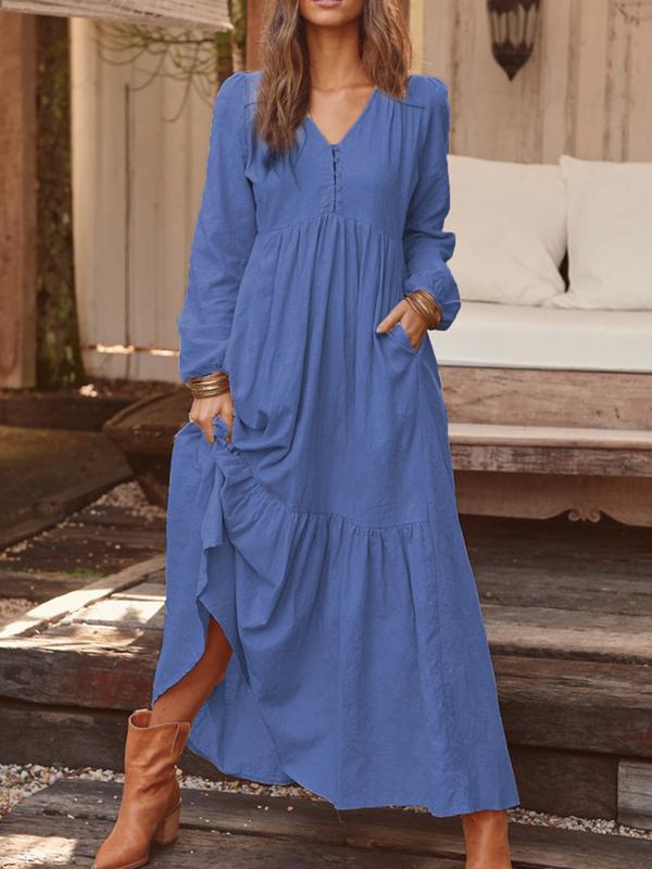 Long Sleeve Simple V-neck Maxi Dress
