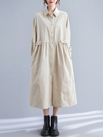 Casual Solid Color Pleated Buttoned Lapel Collar Long Sleeves Midi Shirt Dress