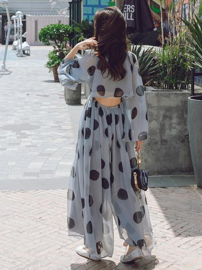 Light-blue Polka-Dot Chiffon Flared Sleeves Wide Leg Jumpsuits