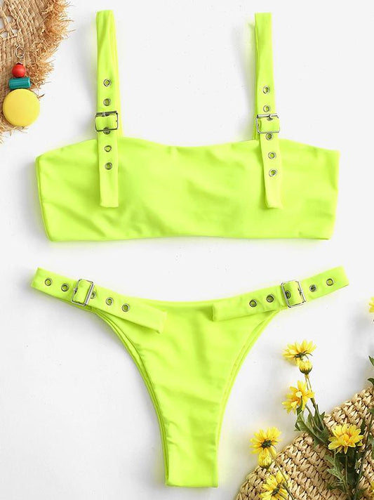 Buckle Plain Bandeau Bikini Swimsuit