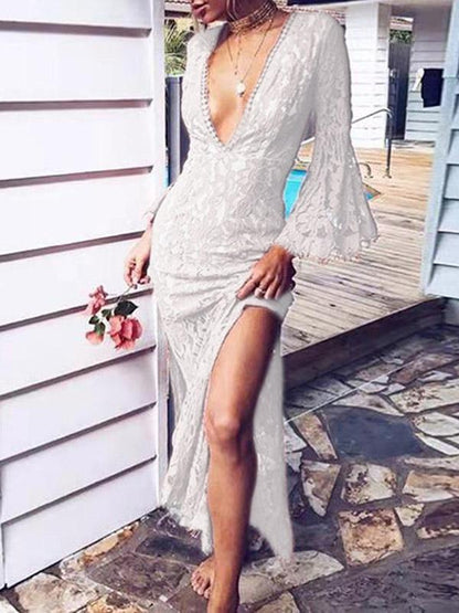 Deep V-neck Split-side Flare Sleeves Long Evening Dresses