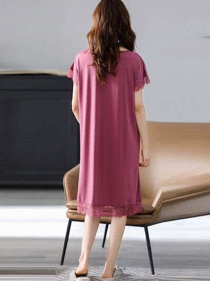 Comfortable Solid Lace Split-Joint  Round-Neck Pajama Dress