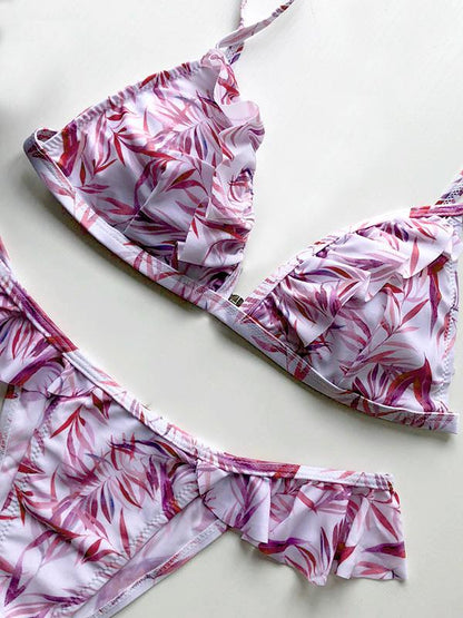 Sexy Deep V-Neck Falbala Printing Split Type Bikini Swimsuit