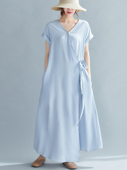 Casual Loose Solid Color Tied V-Neck Short Raglan Sleeves Maxi Dress