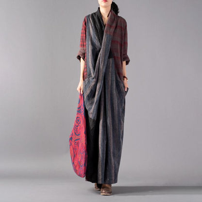 Buykud Stripe Plaid Dot Split Hem Retro Dress