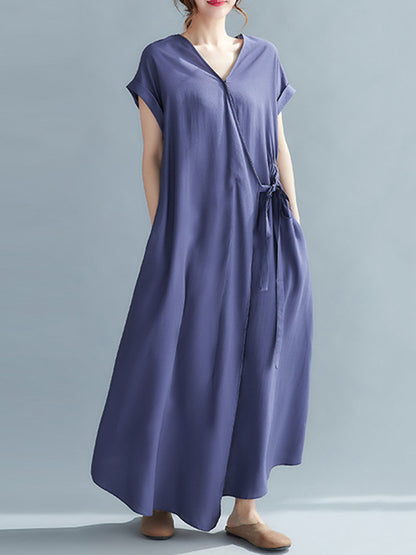 Casual Loose Solid Color Tied V-Neck Short Raglan Sleeves Maxi Dress