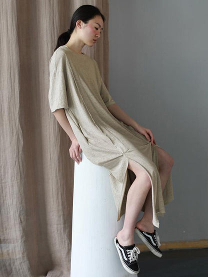 Simple Beige Split-joint Split-side Long Dress
