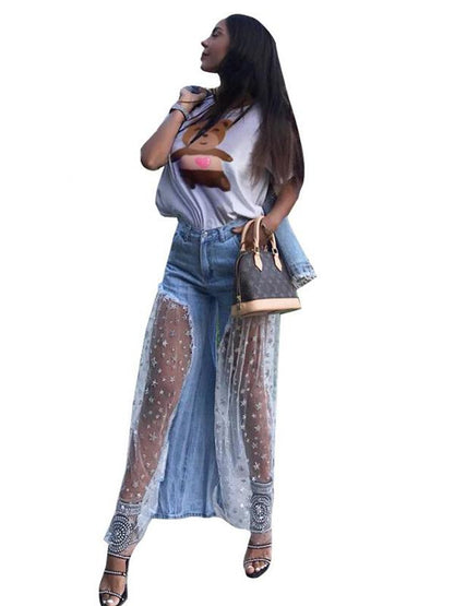 Mesh Stitched Fringed Wide-leg Jean Pants