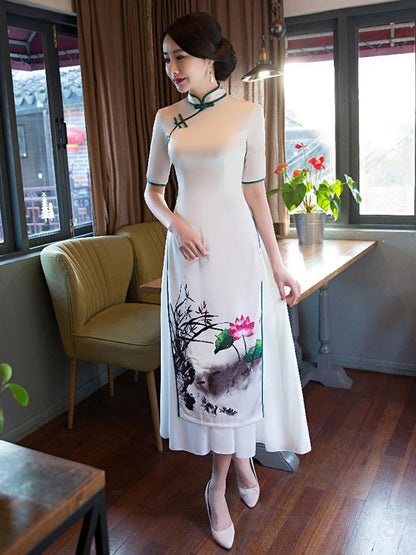 Ink&Lotus Print Stand-collar Ao Dai Long Cheongsam