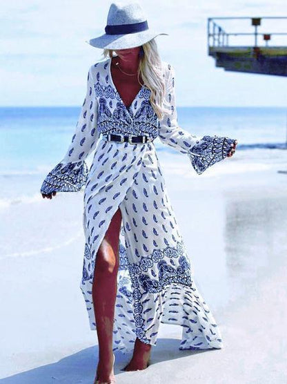 Pretty Chiffon Bohemia Floral Front Split with Tie Long Sleeve Maxi Dress