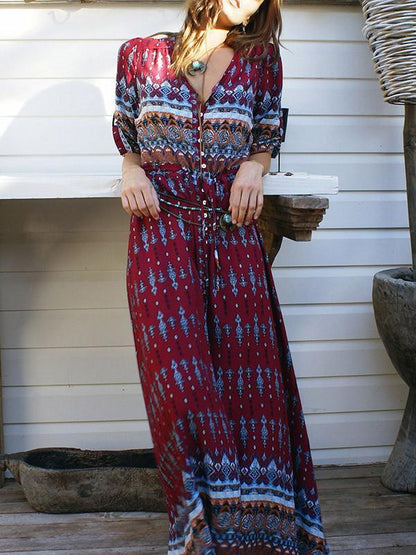 Beautiful Chiffon Bohemia Floral 3/4 Sleeve V Neck Maxi Dress 02
