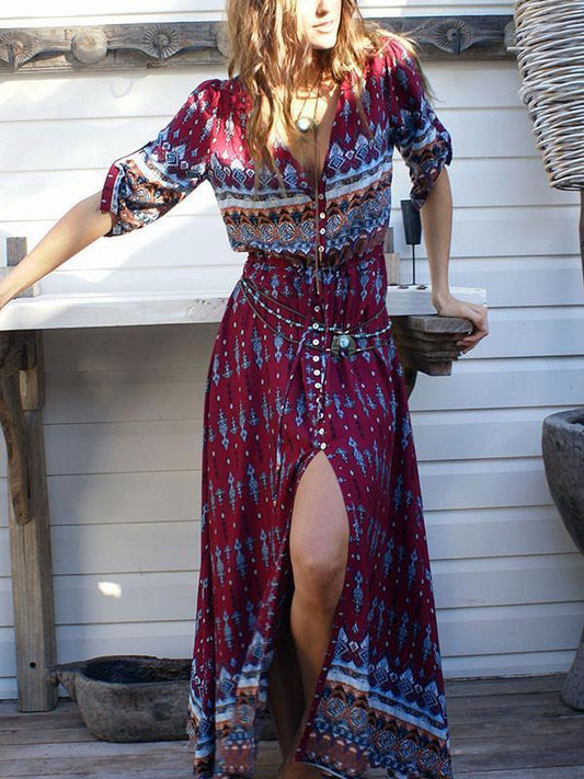 Beautiful Chiffon Bohemia Floral 3/4 Sleeve V Neck Maxi Dress 02