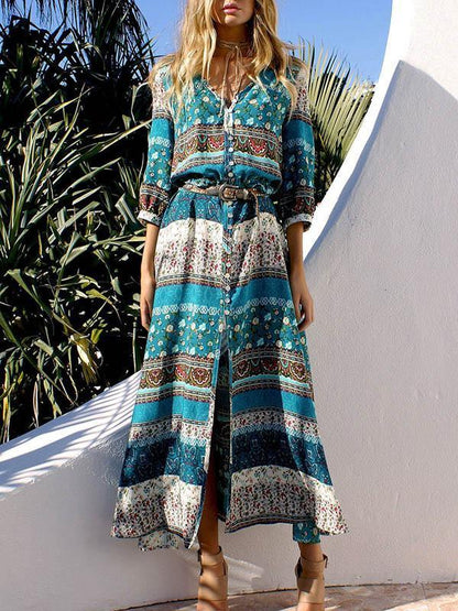 Pretty Chiffon Bohemia Floral 3/4 Sleeve V Neck Maxi Dress 01