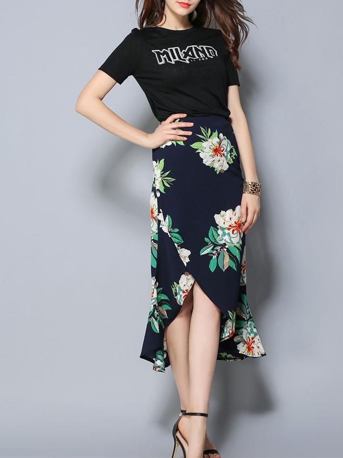 Floral Printed Asymmetric Long Skirt
