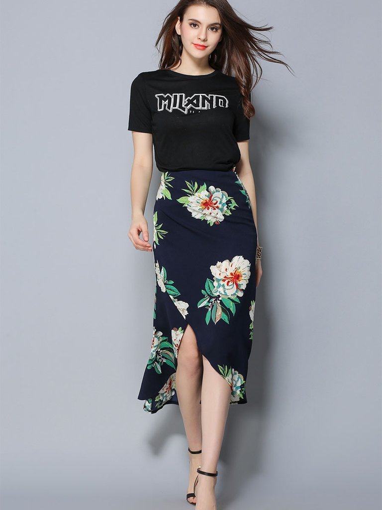 Floral Printed Asymmetric Long Skirt