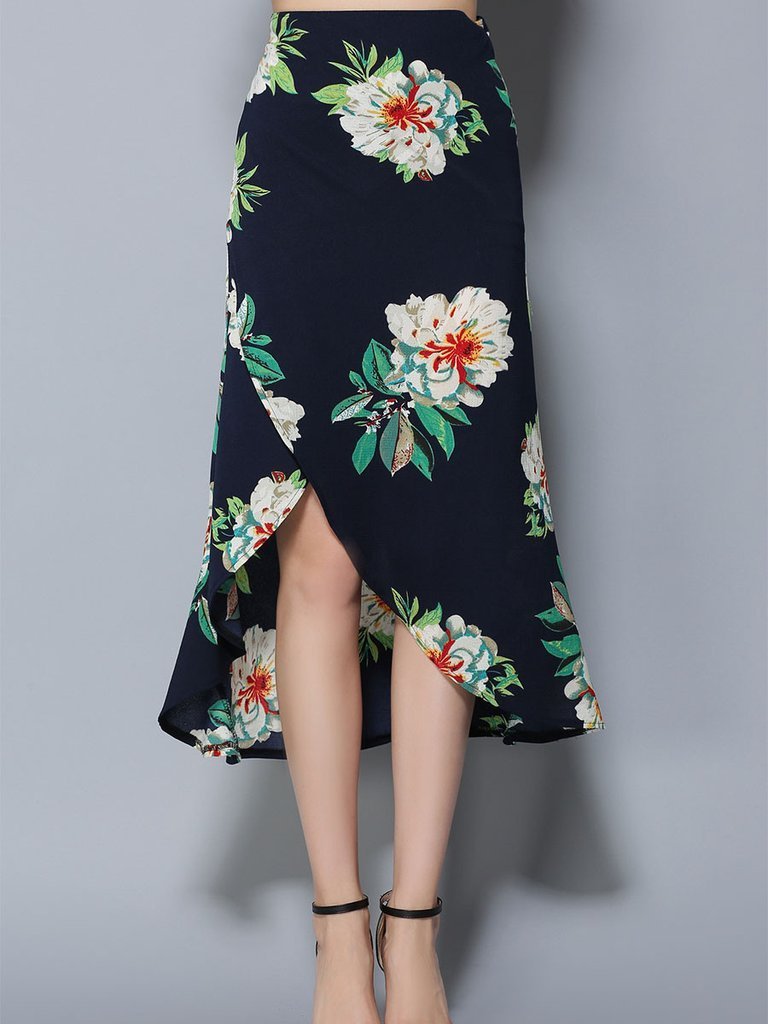 Floral Printed Asymmetric Long Skirt